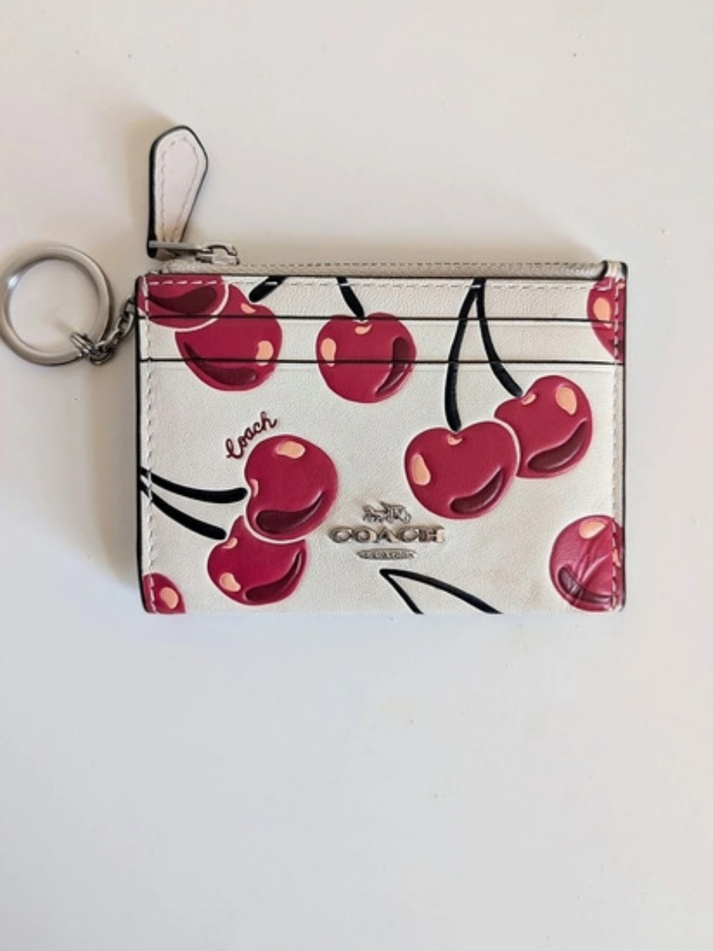 Coach Zip Card Case With Cherry Print in White & Red
